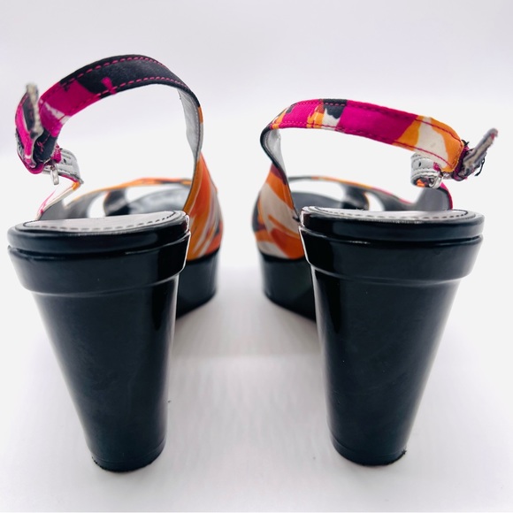 MARC FISHER Platform Peep Toe Wedges Sandals Shoes Multi Color Black Pat… - Picture 10 of 13